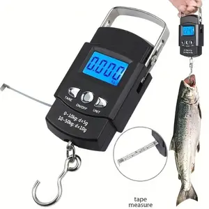 Portable Digital Scale with LCD Display - Accurate Weighing for Fish, Bags & Luggage - Includes measuring tape Hanging Hook, Black Polycarbonate Body, Battery-Powered (Batteries Not Included)