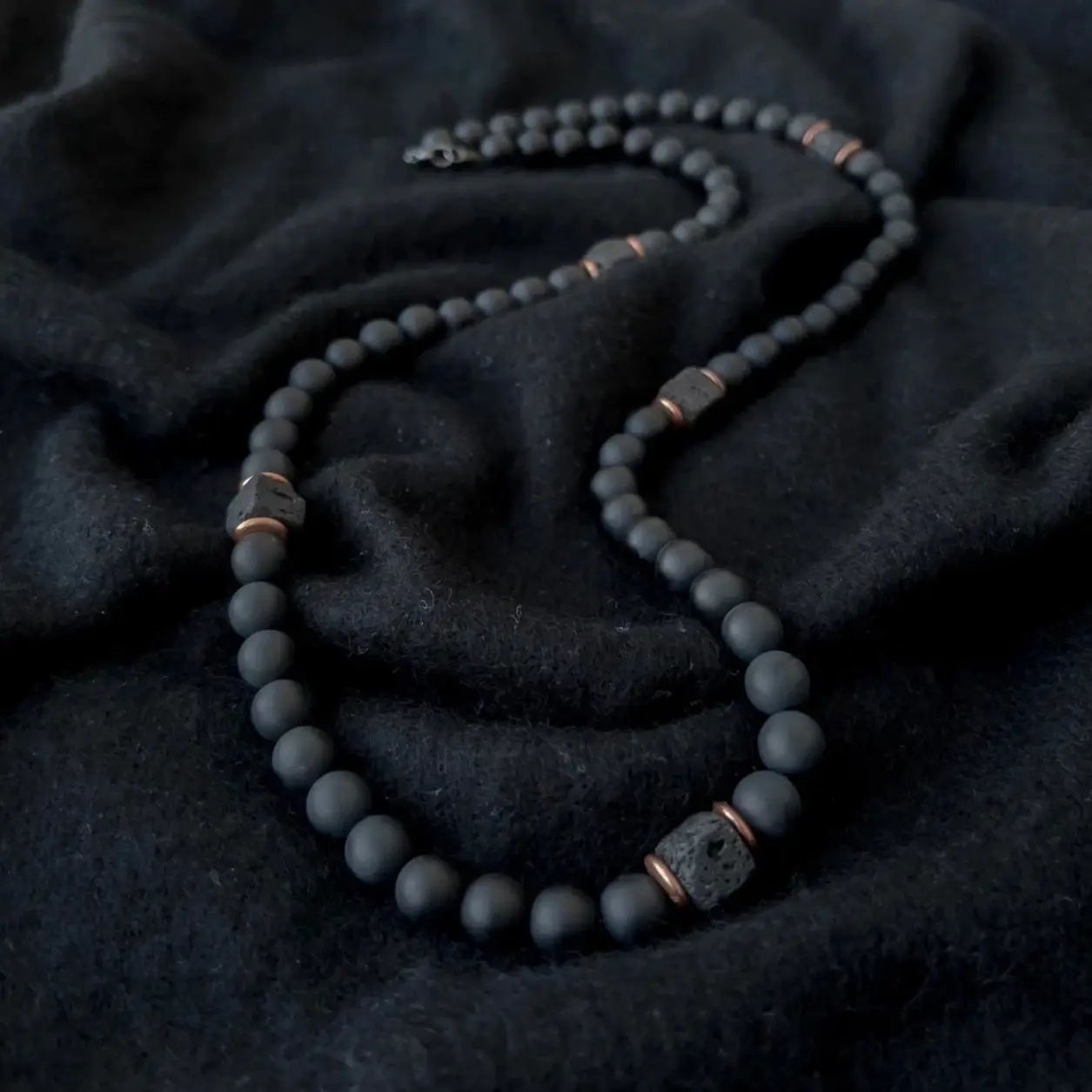 Onyx and Cubed Lava 24” Beaded Necklace