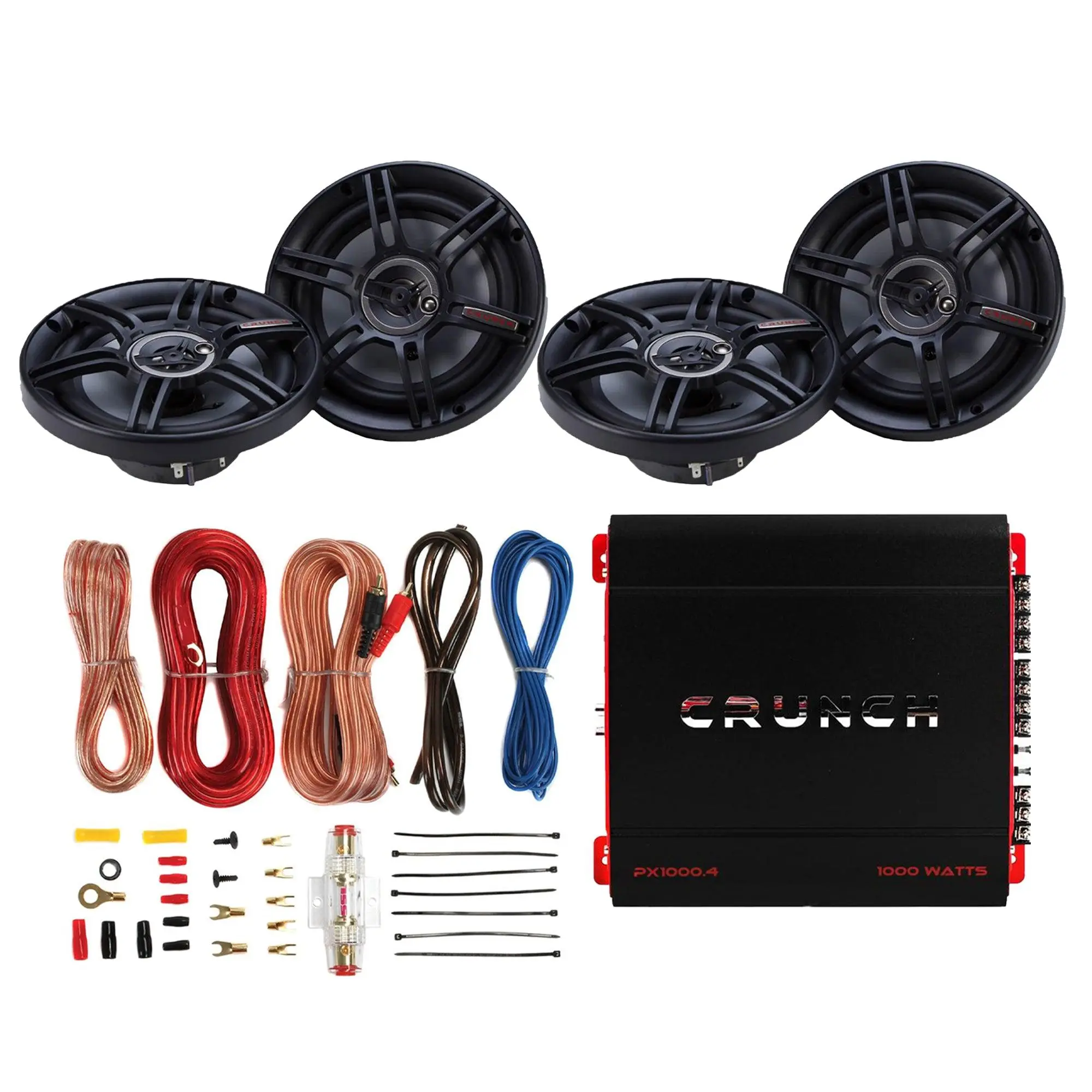 Crunch PX-1000 Car Stereo Amp with 4 3-Way Speakers and Soundstorm Wiring Kit Crunch PX-1000 Car Stereo Amp with 4 3-Way Speakers and Soundstorm Wiring Kit