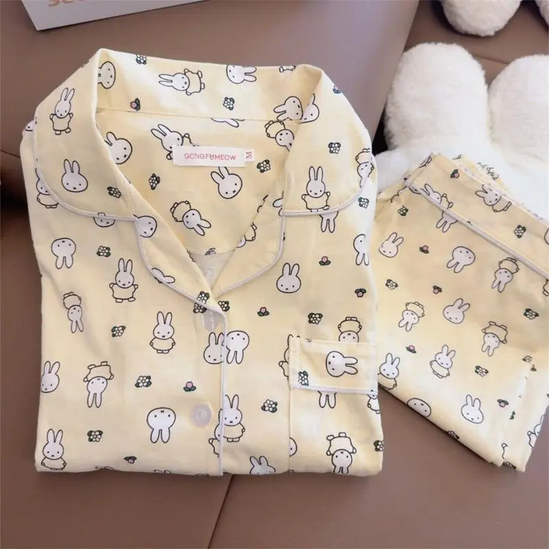 Female Long Sleeve Cartoon Pyjama Sets - Kawaii Miffy Print Loungewear for Spring & Autumn Student Dormitory Home Use