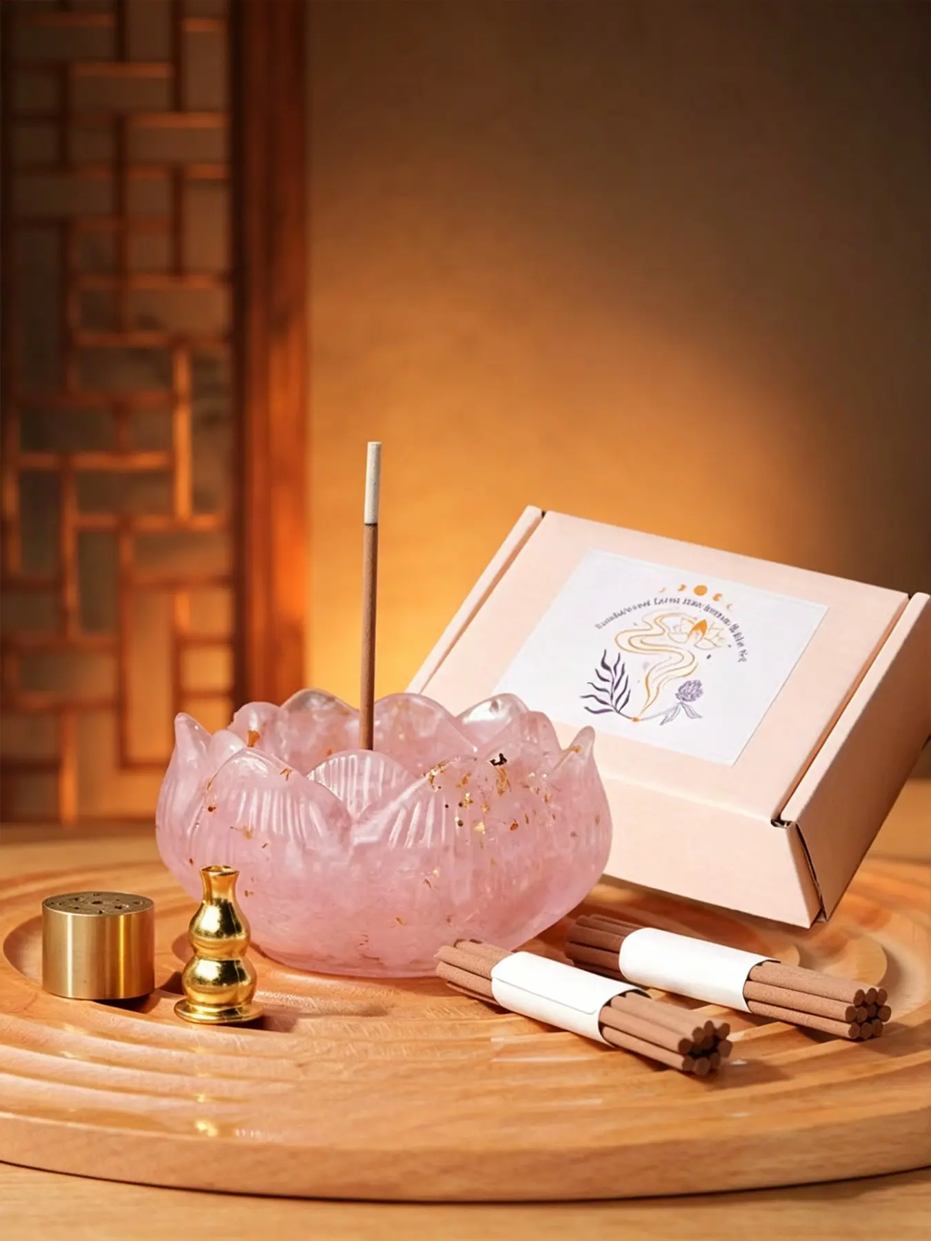 Natural Crystal Rose Quartz Lotus Diffuser Set, Resin Crystal Tools, Complete Meditation and Home Aromatherapy Kit, Essential Oil Holder, Crystal Ornaments, Crystal Decorative Ornaments, Crystal Decoration Set