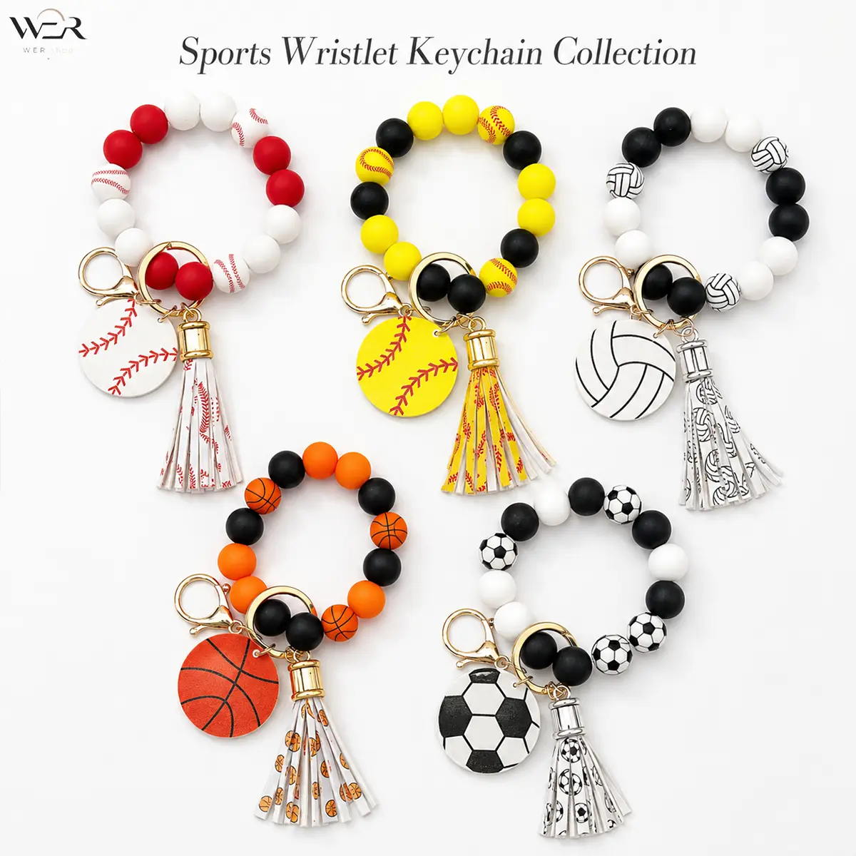 Sports Wristlet Keychain Set Beaded Sports Keychain Baseball Keychain Softball Keychain Basketball Keychain Soccer Keychain Volleyball Keychain Sports Fan Gift for Women Everyday Use