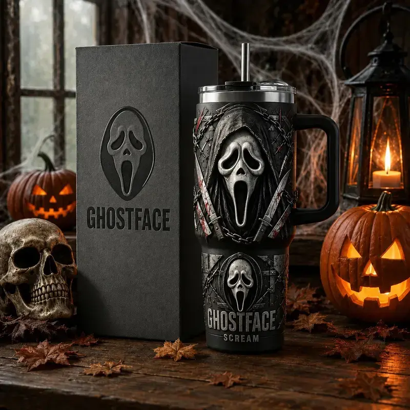 Ghostface Scream 40oz Tumbler, Scream Horror Movie Travel Mug with Handle, Stainless Steel Insulated Cup, Full Wrap Printed Drinkware, Halloween Gift for Horror Fans