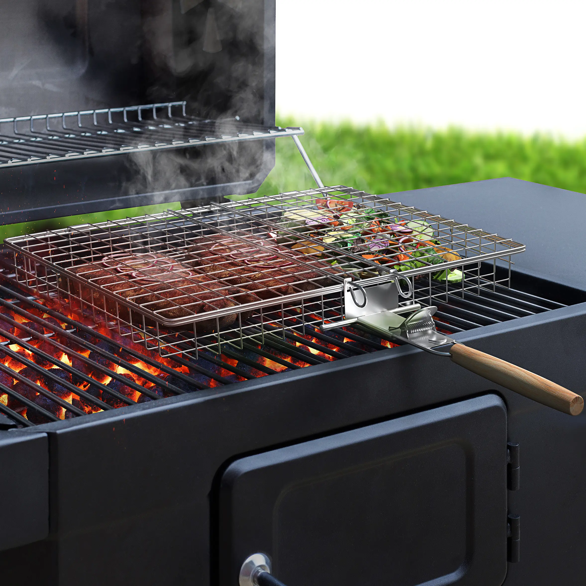 Sorbus Heavy-Duty Large Stainless Steel 3-Piece Barbecue Grilling Basket Set with Ceramic Handles, Compact Portable Charcoal BBQ Utensils for Campfire/BBQ Party, Camping, Cooking for a Crowd, Father’s Day Dad Gadgets