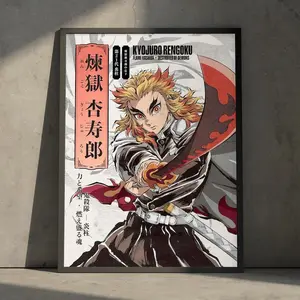 Demon Slayer Rengoku Poster, Vintage Minimalist Japanese Anime Movie Art Print, Wall Decor Hanging (Unframed, Print Only) (No Frame)