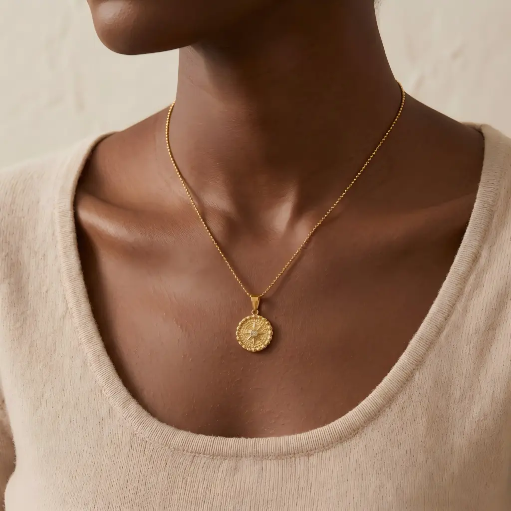 Neckace for Women 18K Gold Plated Zircon Compass Pendant Necklace, 16"+2" Adjustable Stainless Steel Beaded Ball Chain, Vintage Sunburst Compass Coin Graduation Gift