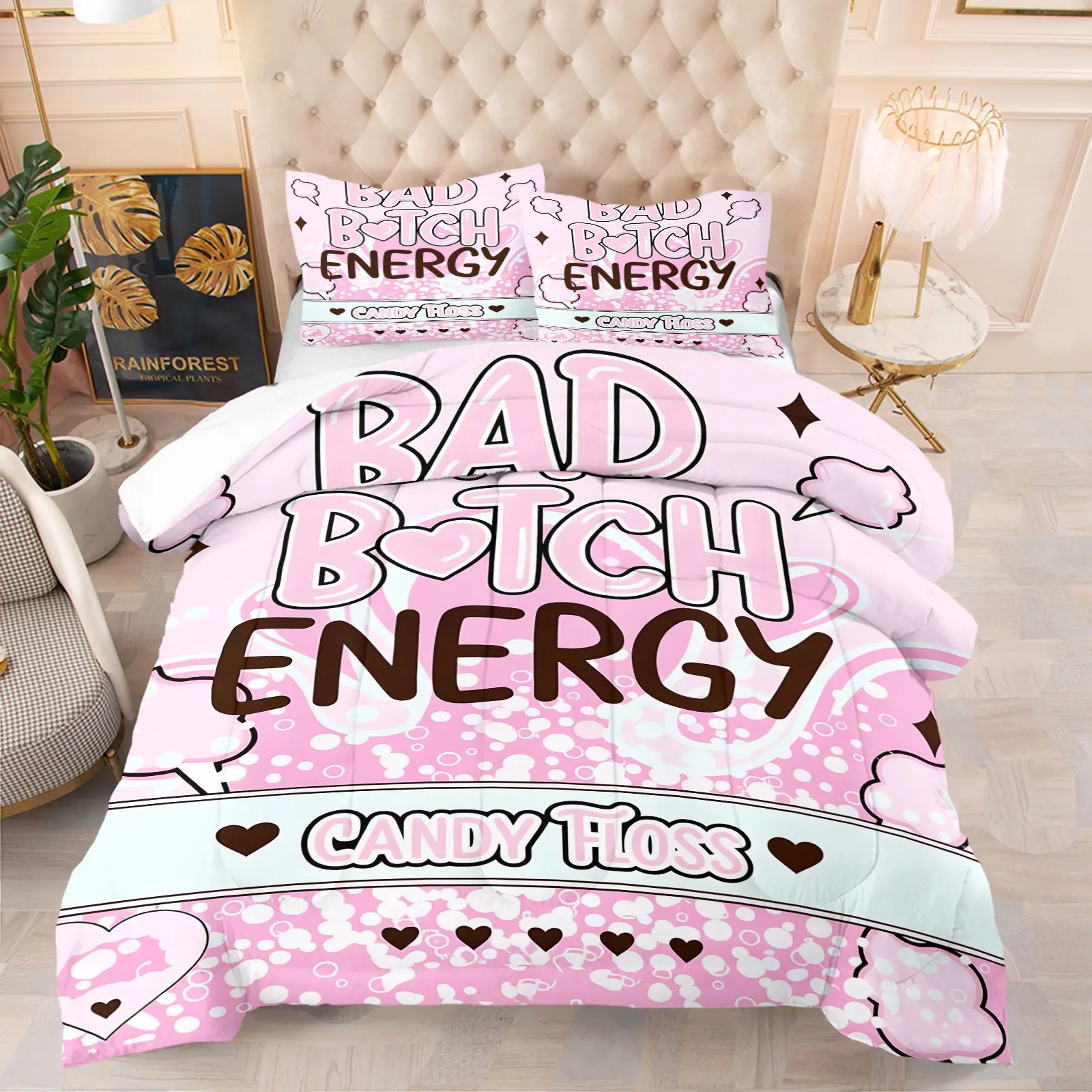 Bad Bitch Energy Comforter Set Twin Size, With 1 or 2 Pillowcases, Pink Candy Floss Y2K Aesthetic Bedding, Soft Lightweight Microfiber, for Girls Teens Bedroom Dorm Decor, Perfect Best Friend Birthday Gift