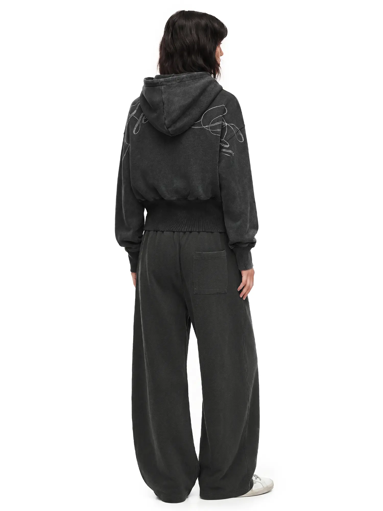 FDR 100% Cotton Washed Cropped Letter Rhinestone Double-Zip Hoodie for Women Vintage Loose Fit Black Casual Sweatshirt Perfect for Everydaywear Y2K Pullover Long Sleeve Tops