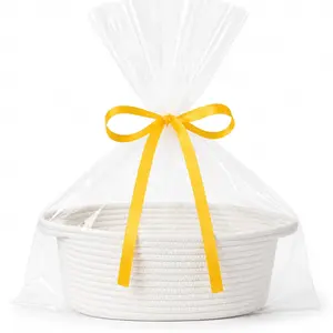 Small Basket Empty Gift Basket, Decorative Boho Rope Woven Nursery Storage Organizer Dog Toy Baskets for Baby Showers Christmas Easter with Gift Bags and Ribbons, 12"X 8" X 5"