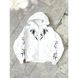 Printed Zipper Hoodie with Stitches and Stars Pattern, Loose Fitted Sweatshirt for Daily Wear and Home Leisure