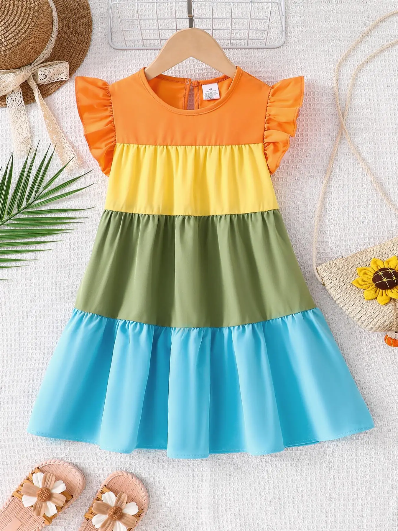 Girl's Colorblock Ruffle Trim Dress, Casual Soft Comfy Cap Sleeve Dress for Summer, Kids Clothes for Daily Wear, Cap Sleeves Dress