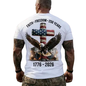 Mens Shortsleeve T-Shirt - Menswear Top, Round Neck Casual Streetwear, Majestic Bald Eagle Design with US Flag & Cross (Faith, Freedom), 250th Anniversary Shirt for American Independence Celebration
