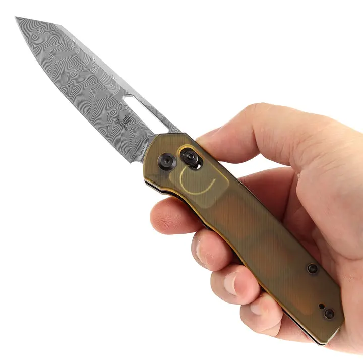 TENABLE T1006V7 Shard Cross Bar Lock Portable Folding Tool, 3.47'' High Hardness Damascus Steel Blade, Amber PEI Handle, Kim Ning Design High Hardness Knives