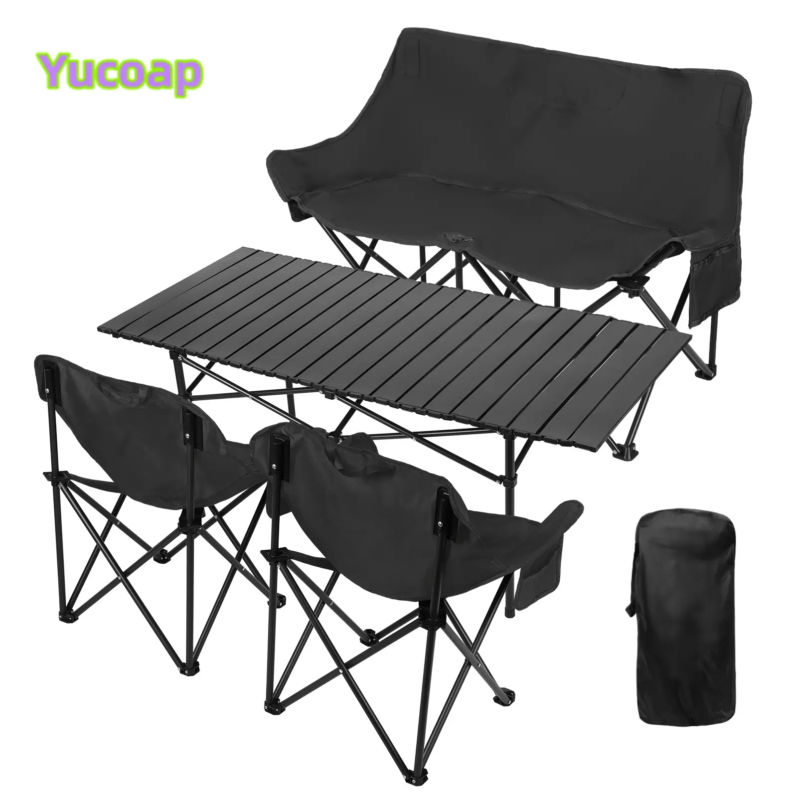 YUCOAP 4Pcs Folding Table Chair Set with 1 Sofa 2 Single Chairs 1 Table, Portable Lightweight Collapsible Table and Chair, Heavy Duty Lawn Chair with Table for Outdoor, Camping, Hiking, Travel