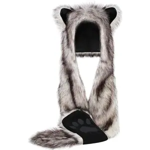 Wolf Faux Animal Hoods Headwear Furry Hat Mittens Glove Scarf Paws Ears Wolf Accessories