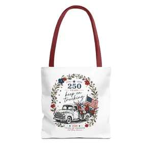 Double-Sided Floral Patriotic Tote Bag – Keep On Trucking 250 Years USA, American Flag Vintage Truck July 4th 2026 Gift, Americana Wildflower Reusable Market Shoulder Bag