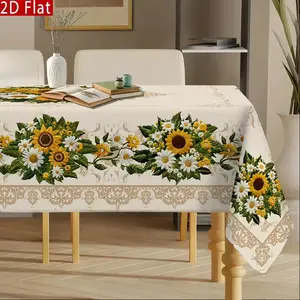 2D Vintage Sunflower and Daisy Tablecloth - Non-embroidered, European floral pattern, durable polyester rectangular table cover, suitable for kitchen, dining room, patio, picnic decoration, sunflower kitchen decor. Disposable Christmas