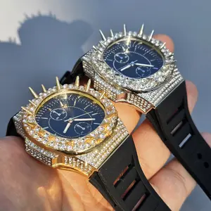 MaxBling81 Men's Quartz Wristwatch - 43x43mm Round Face, Black Silicone Strap, Simulated Diamond Iced Thorn Bezel, Luxury Urban Fashion Timepiece
