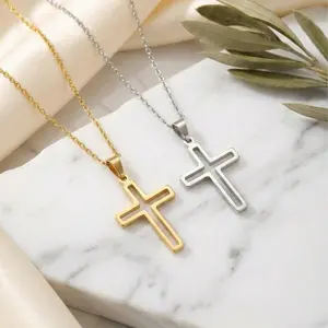 Premium Stainless Steel Gold and Silver Waterproof 18in Cross Style Necklace - Sleek Design for Everyday Wear