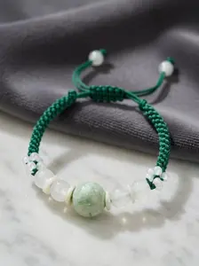 Genuine Marbled Polished Green & White Jade Bracelet - Adjustable Handwoven Cord Natural Crystal Jewelry Accessory