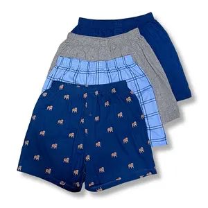 Stafford Men's Knit Boxer Shorts 4-Pack Pure 100% Cotton Classic Relaxed Fit Breathable Lightweight Comfort Fit Underwear Multipack Blue Navy Gray with Dogs Menswear Elastic Waistband Functional Fly Soft Moisture Wicking