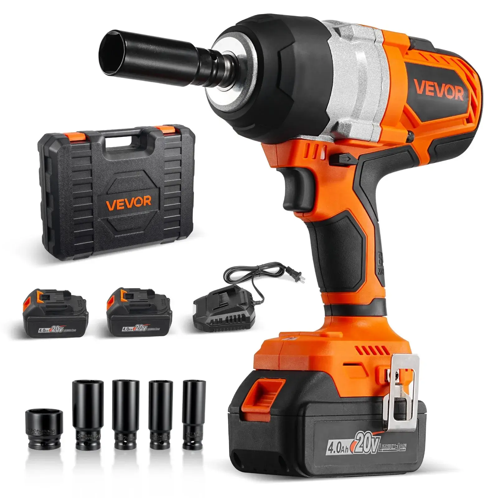 【summerfinds】VEVOR Cordless Impact Wrench, 958.8 ft-lbs / 1300 N·m High Torque, 1/2 inch, 20V Electric Impact Wrench with Brushless Motor, 2 x 4Ah Batteries, Charger, 5 Sockets and Belt Clip, for Car Tire Truck,father'sdaygifts,car accessories