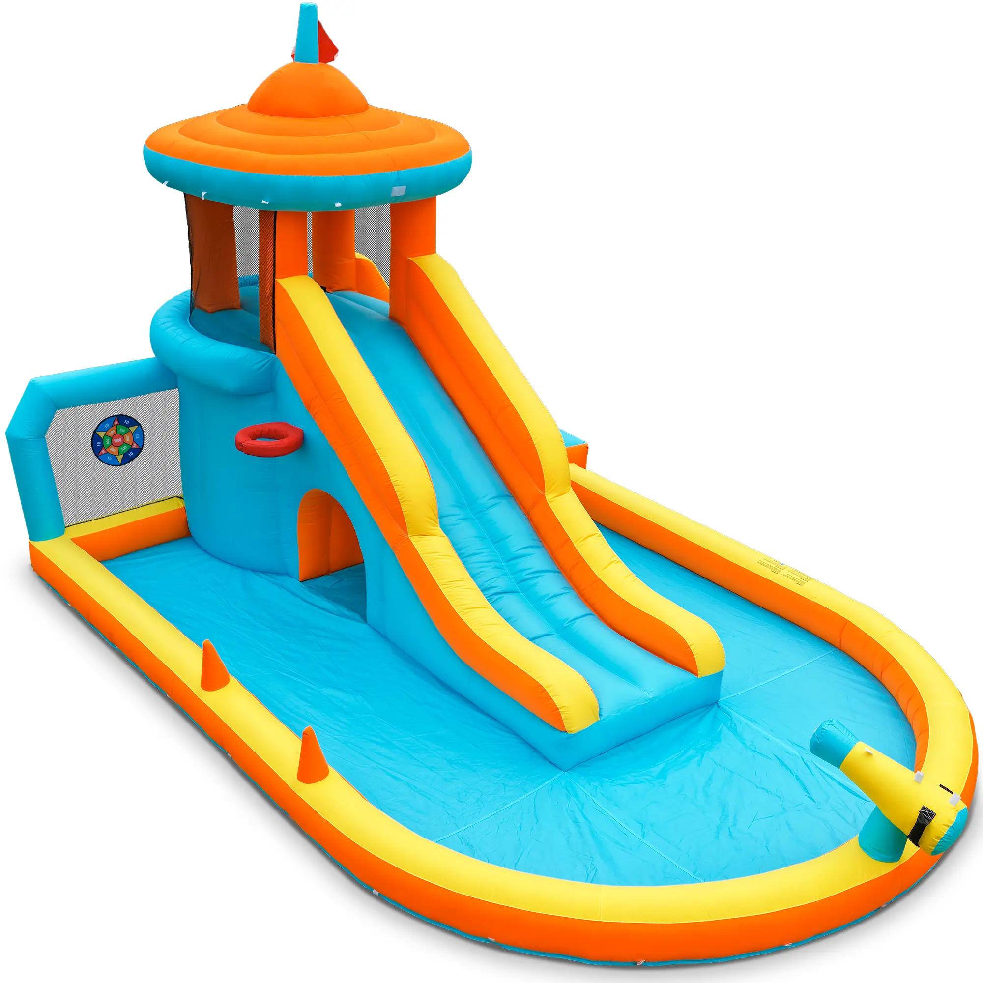Outfunny Inflatable Water Slide Water Park for Kids with Blower, Splash Pool, Climbing Wall, Tunnel, Dart Toss Games, Mesh Airflow Walls for Outdoor Backyard Play