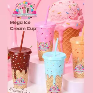 Mega Ice Cream Cone Tumbler Cup with Sprinkles Design and Straw for Kids and Adults