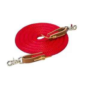 Weaver Leather Soft Poly Roper Reins with Scissor Snaps and Russet Harness Leather Water Loops - 3/8" x 8'