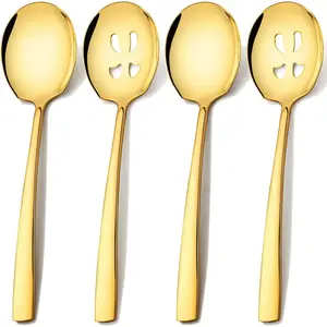Stainless Steel Serving Spoons Set, 9.2-Inch 2 Slotted & 2 Solid Serving Spoons, Serving Utensils for Buffet, Parties, Catering, Gold