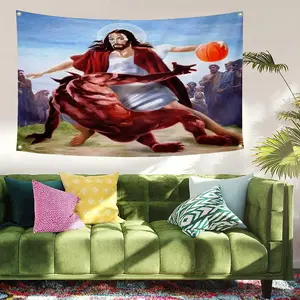 Jesus In Basketball Tapestry Flag 3x5 FT Heavy Duty 150D Polyester College Dorm Room Man Cave Frat House Wall Decor Vibrant Sports Theme