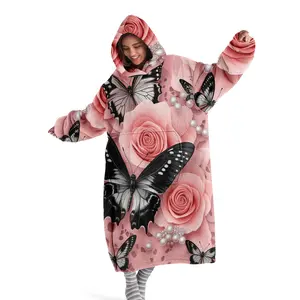 Hooded Blanket, Wearable Blanket, Floral & Butterfly Pattern Blanket, Women's Fleece-Lined Bathrobe, Pink Rose Butterfly Print Loungewear Perfect for winter home wear, this robe makes an ideal gift for Christmas or Valentine's Day