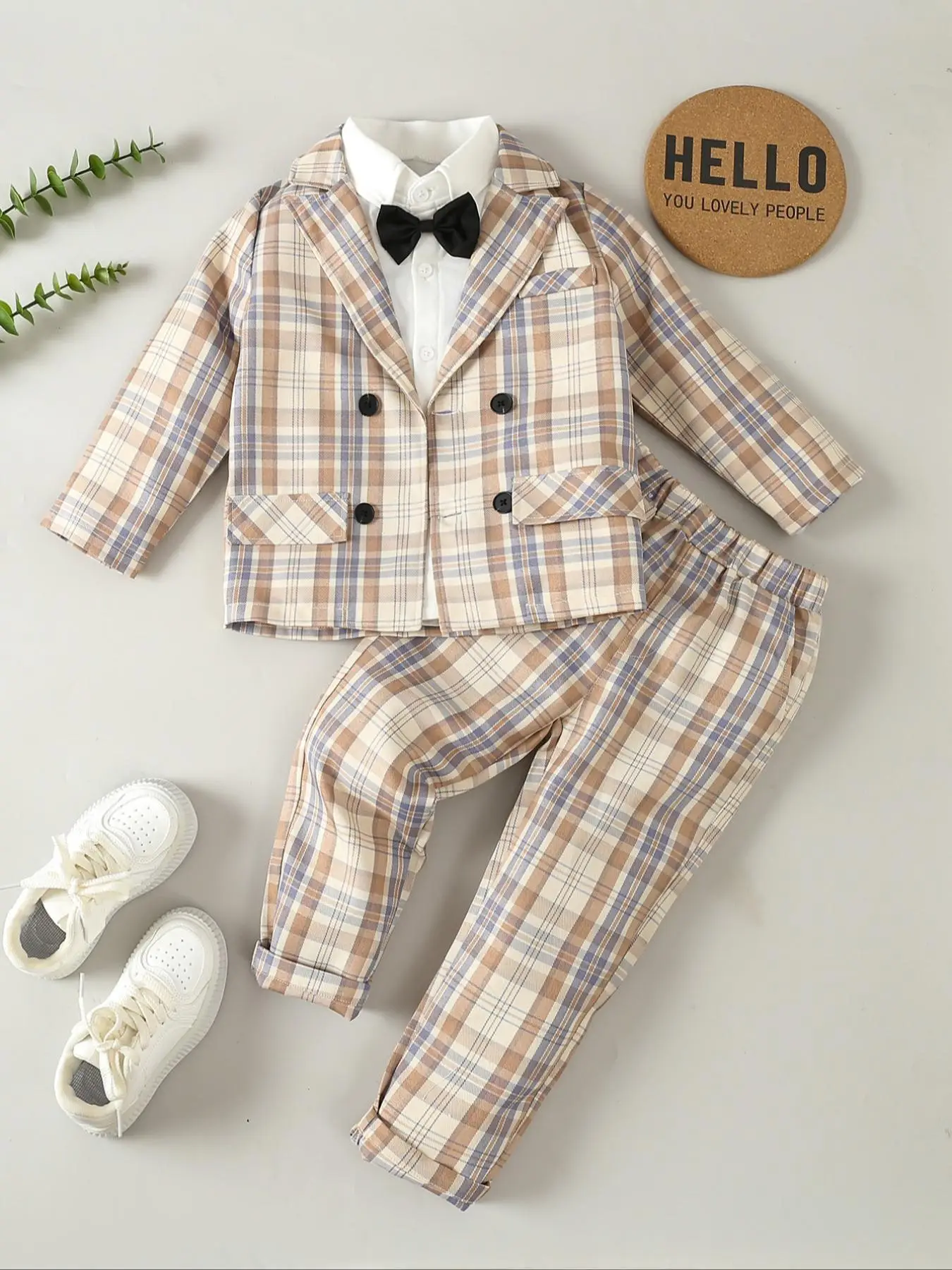 Three-piece Set Boy's Plaid Print Button Front Blazer & Pocket Pants & Bow Tie Shirt Set, Long Sleeve Lapel Neckline Fake Pocket Decor Blazer & Elasti