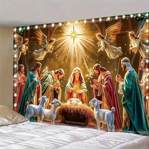 Starry Night Nativity Scene Christmas Banner Merry Christmas Decorations Backdrop Indoor Outdoor Wall Decoration All Season Xmas Decor for Dorm Party Garden Family Holiday Celebration Multipurpose Use No Electricity Needed Festive Ornaments