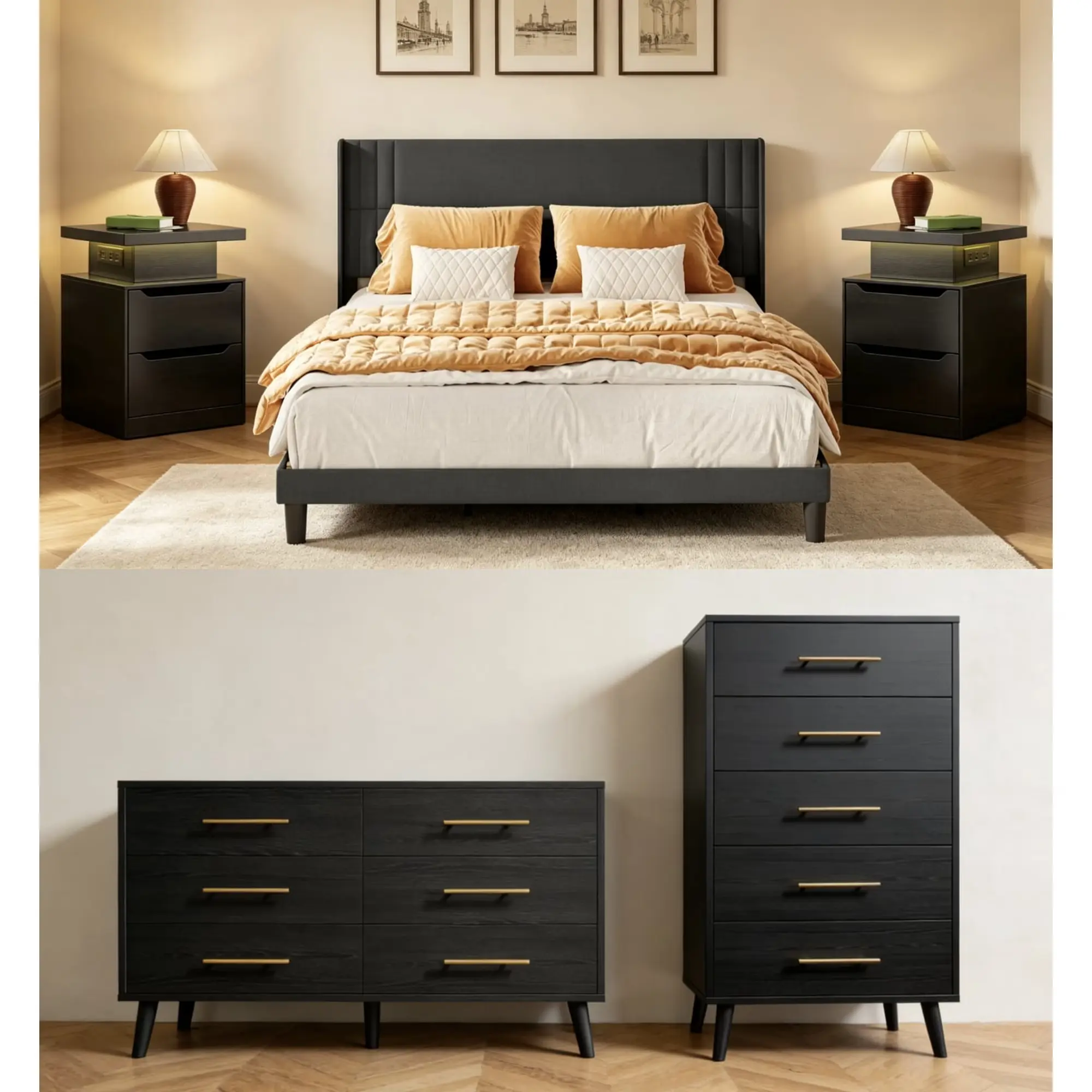Gizoon 5 Pieces Bedroom Furniture Set, Includes King Size Bed Frame with Headboard,5-Drawers Dressers,6-Drawers Dressers,Nightstand Set of 2 for Bedroom,Black