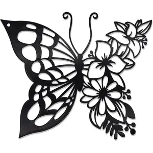 Butterfly Decoration Wall Art Boho Home Decor Hanging Appearance Metal Flower, Black Medium