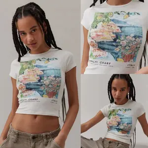 Pure cotton printed short-sleeved sexy and slimming T-shirt for women