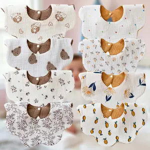 DOSMINE 8 Pack Baby Muslin Bibs Organic Cotton Absorbent with Waterproof Inner Layer Reversible Design 360° Coverage for Daily Use Gifts