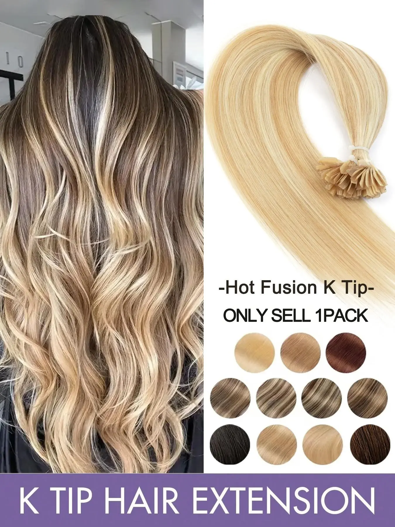 50 Strands Per Pack V Tip K Tip Real Premium Human Hair Glueless Pre Bonded Extensions, Piano Color #p01 60# 30g for Volume and Length Enhancement Natural Looking Hair