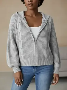 Women's Plain Drop Shoulder Zip Up Hooded Cardigan, Casual Long Sleeve Knitwear for Fall & Winter, Women's Clothing for Daily Wear