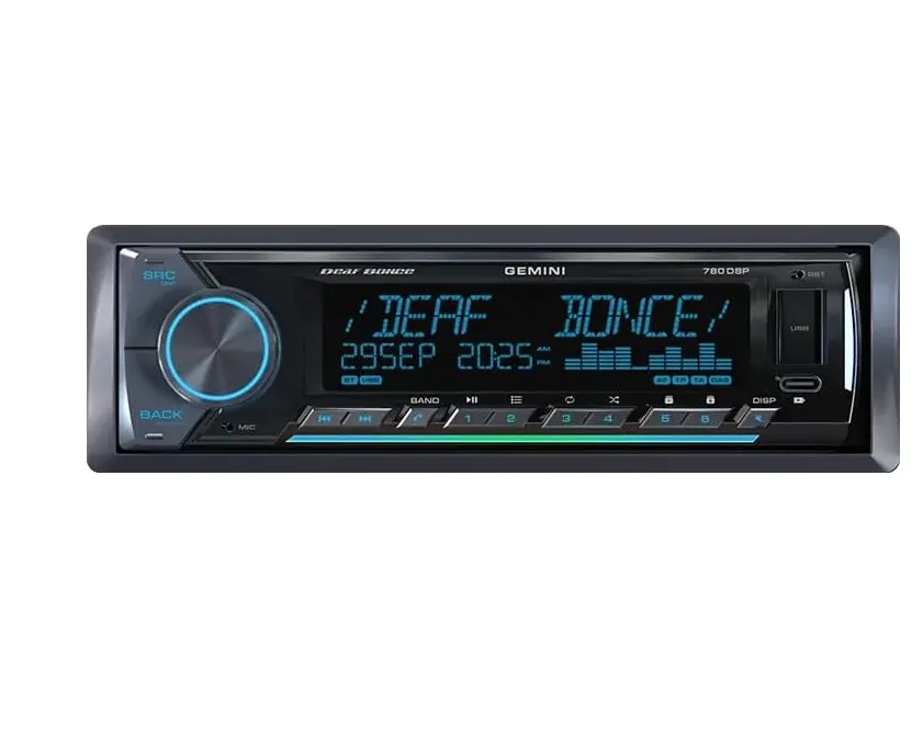 Deaf Bonce Gemini 760DSP Single Din Car Stereo System - Stable 4×25W RMS High-Fidelity Built-In Amplifier, Built-In DSP Processor, Bluetooth 5.3, 10–17V, USB, AUX, Handsfree Calling, MP3, WMA, Car Audio Installation Kit, Single Din Radio