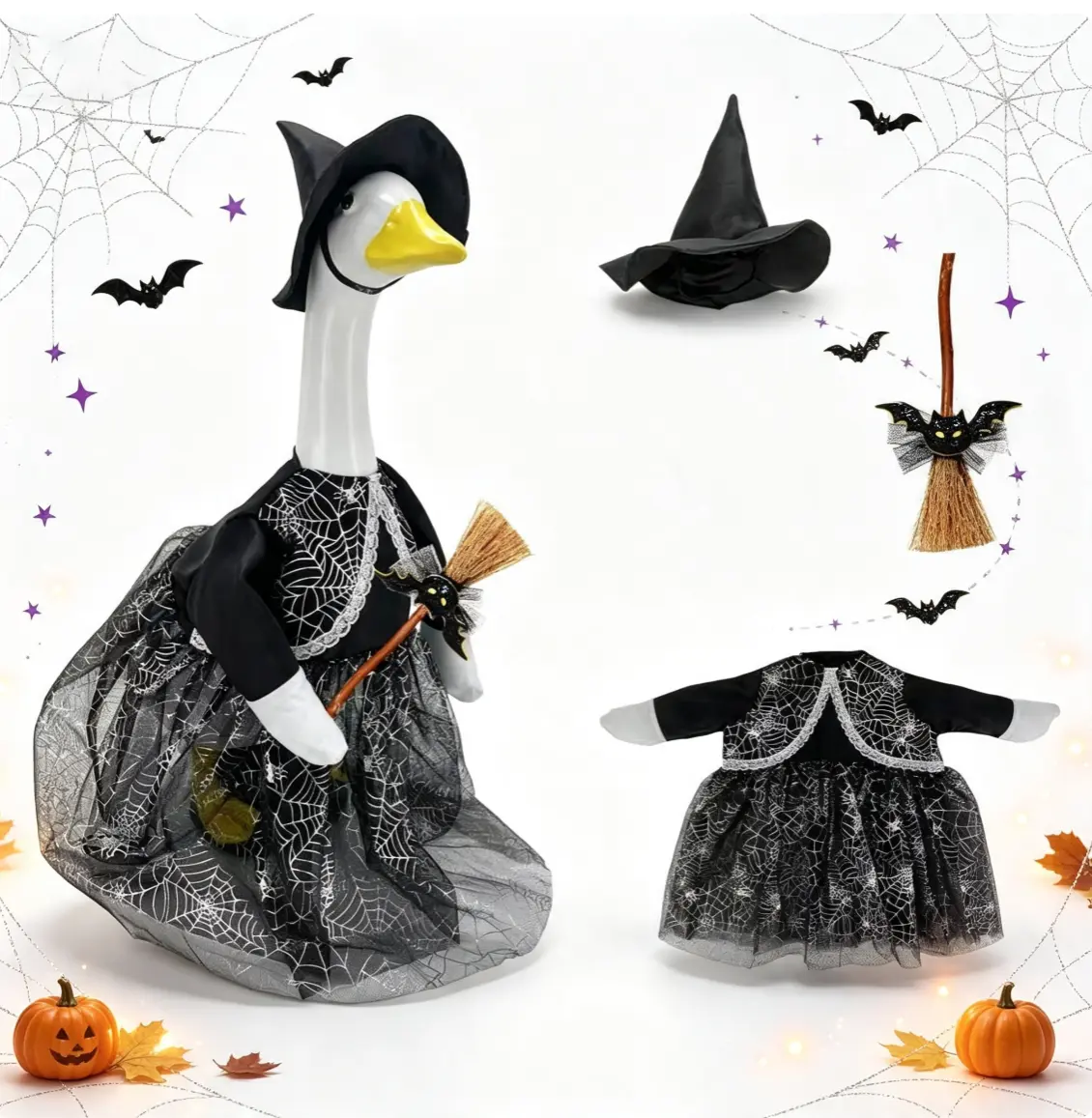 23" Lawn Goose Statue Spider Web Witch Outfit Set - Halloween Decoration Ornament with Mini Bat Broom, Felt Craft Front Porch Fall Decor Hat, DIY Toys & Hobbies Gift