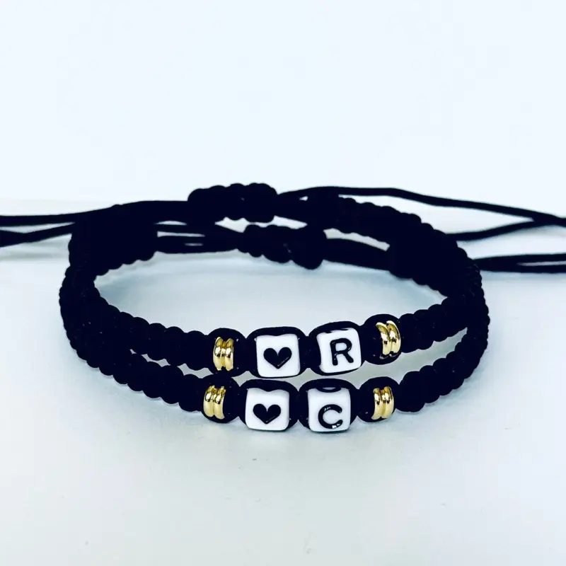 2 PC Black String Macrame Initial Heart Bracelets - A-Z Letters, Adjustable Sliding Knot, Fashionable Bracelet, Trendy & Aesthetic Jewelry, Outfit Accessories for Couples & BFFs Daily Wear