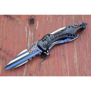 Full Size Pocket Knife Spring Assist Police Back The Blue Thin Blue Line Us Flag