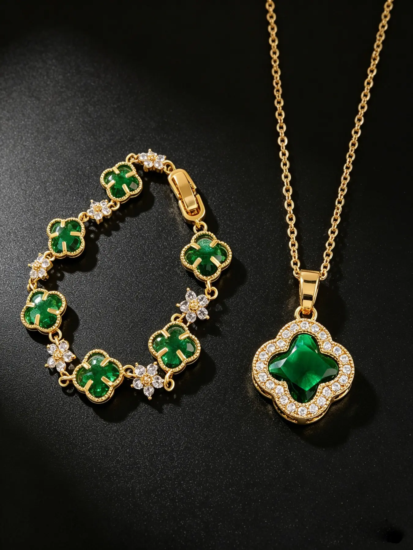 Women 2PCS Clover Chain Jewelry Set, 18K Gold Tone Plated, Inlaid Imitation Ruby Red Cubic Zirconia, Pendant Necklace & Charm Bracelet, Elegant Accessories For Daily Party Wedding