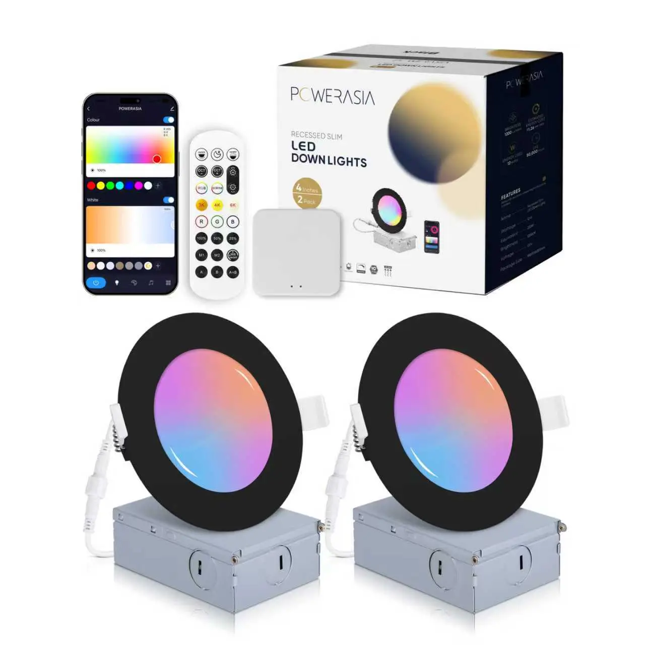 POWERASIA 2-Pack Kit 4 inch Smart RGB Recessed Ceiling Downlight, Aluminum Body, RGB App & Voice Enabled Control, Dimmable, Bathroom Safe, 700lm, with Junction Box & Easy Installation