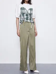 Women's Round Neck Bubble Sleeve T-Shirt with Pleated Details Green Checkered Color Block Shirt with Drawstring Fashion Top