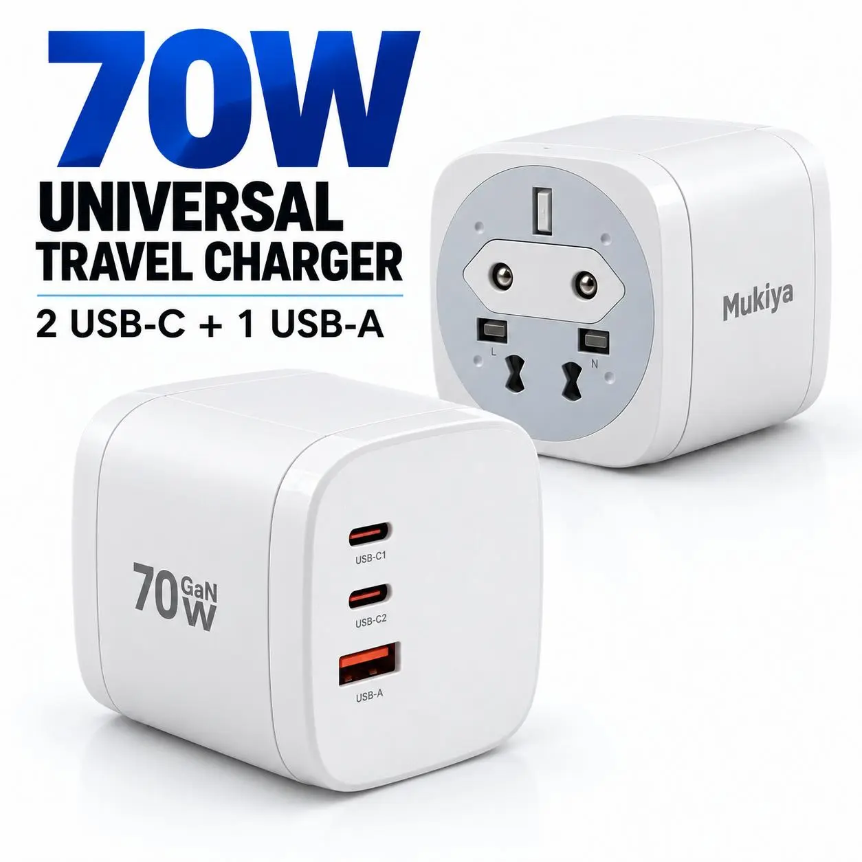 Mukiya 70W GaN Universal Travel Charger, 360° Rotating International Plug Adapter, 2 USB-C + 1 USB-A, EU/UK/US/AU Plugs, Compact Multi-Device Fast Charger for Business Travel & Vacations Precise Wireless chargers