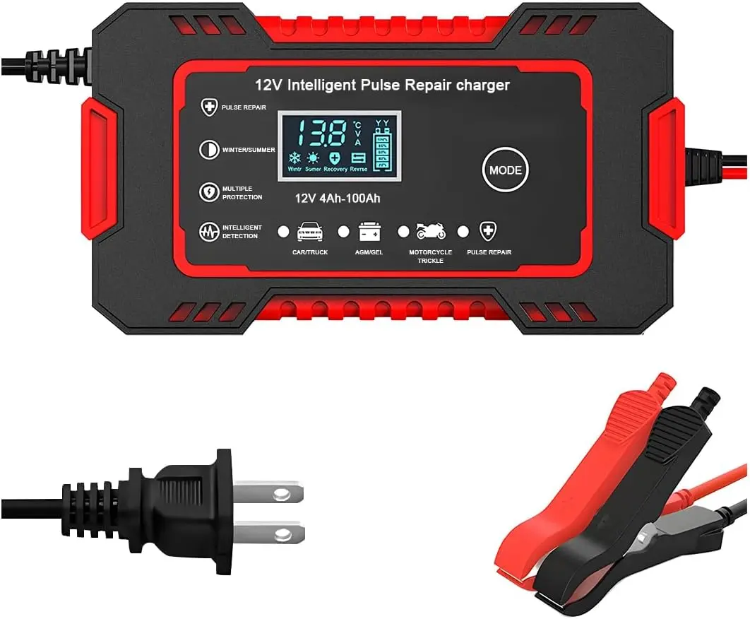 Car Battery Charger, 12V 6A Smart Fully Automotive Battery Trickle Charger, Portable Vehicle Battery Maintainer Desulfator with Temperature Compensation, Universal for SUV RV Truck (Red)