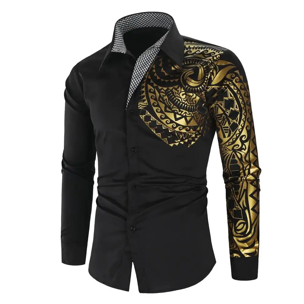 Luxury Gold Accent Slim Fit Long Sleeve Shirt for Men Glamorous All Seasons Medium Length High-Quality Material Intricate Gold Details Black Fabric Perfect for Special Occasions